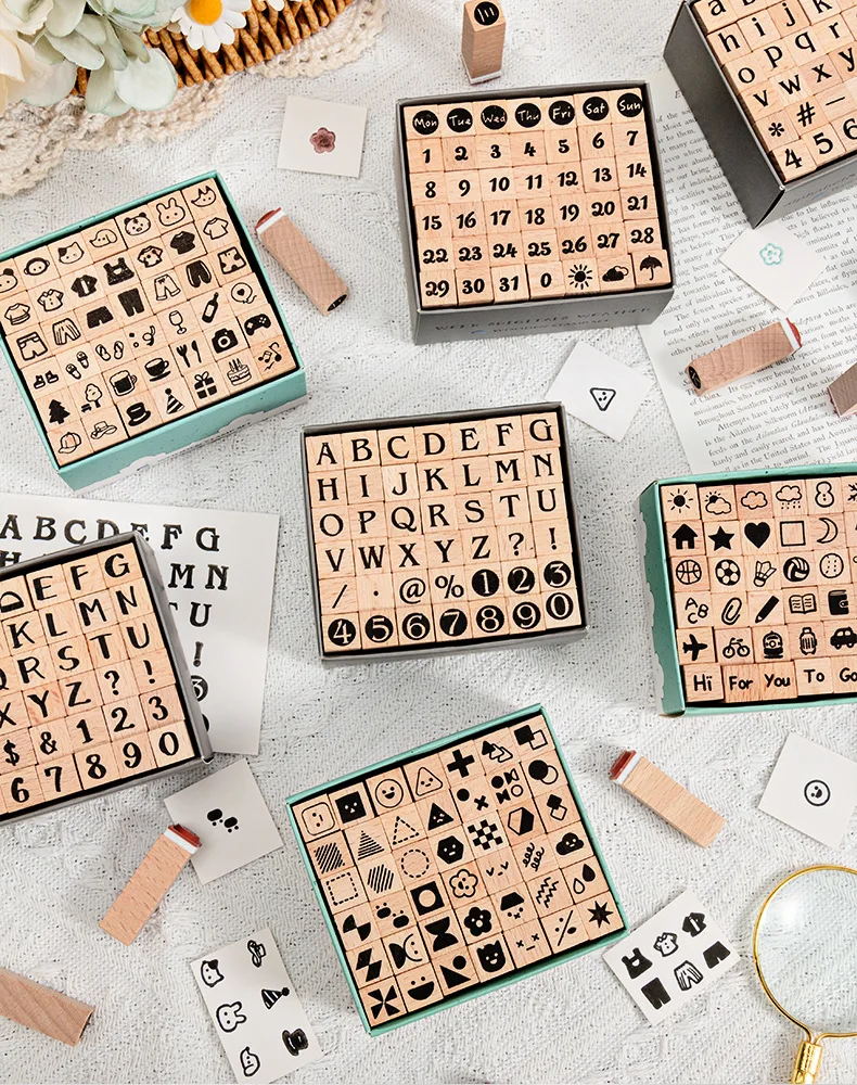 ختم خشبي فردي مكون من 42 قطعة مع أرقام وحروف شخصيات هندسية تعبيرات صغيرة أختام كتيب سلسلة الحفلات السعيدة 8 أنواع