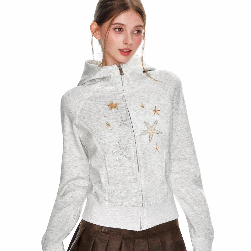 American Design Hooded Gray Sweatshirt Women's Jacket 2025 New Autumn Casual Fashion Slimming Versatile Sweet Cool Coat Ladies