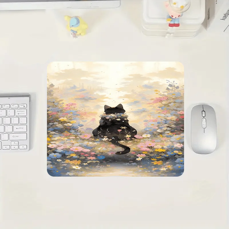 

Противоскользящий резиновый коврик для мыши с черным котом и разноцветными ромашками, прямоугольной формы, подходит для офисной красоты, маленький цветочный