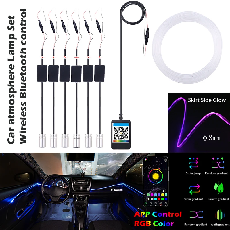 RGB Car Interior Optical Fiber Strip Ambient Light APP Bluetooth Control Atmosphere Lamp Wireless Standalone Connection Unit