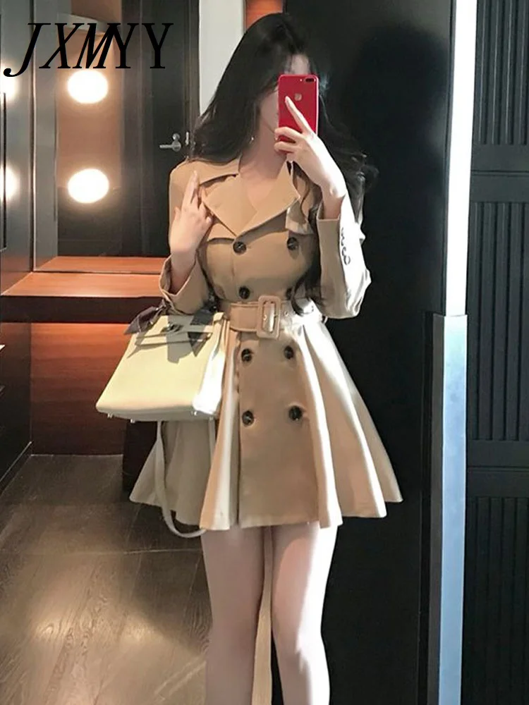 Women's Khaki Dress Jacket and Belt Windbreaker, Elegant Temperament Waist Slimming Coat Clothing, Autumn and Winter Fashion New