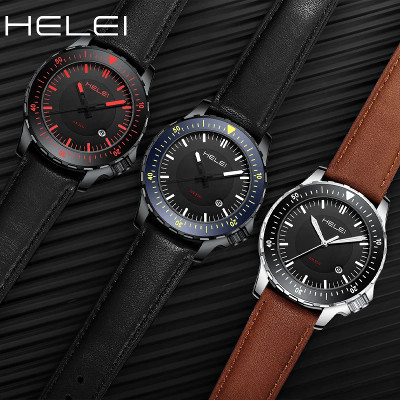 HELEI Fashion new sports casual quartz watch date genuine leather strap men\'s wristwatch