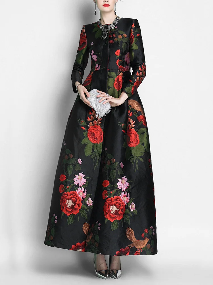 Good Quality Brocade Women Long Trench Coat Jacket Gorgeous Maxi Autumn Winter Overcoat Floral Fashion Outfit Party Clothes