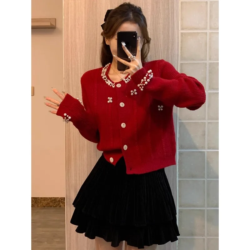 

Cardigans Short Sleeve Tops Sweaters Womens Fall Minimalism O-Neck Elastic Knitwears Pattern Lace Stretchy Knot Slim-Fit Fur Y2K