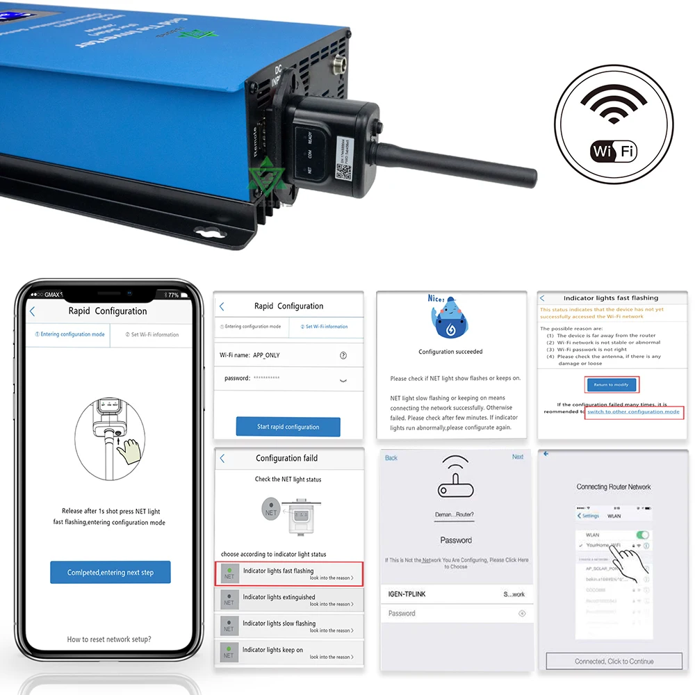 1000W Solar Inverter Grid Tie MPPT MIcro Inversor Battery Discharge Power Mode with Internal Limiter Sensor 24 48 VDC 95-265VAC