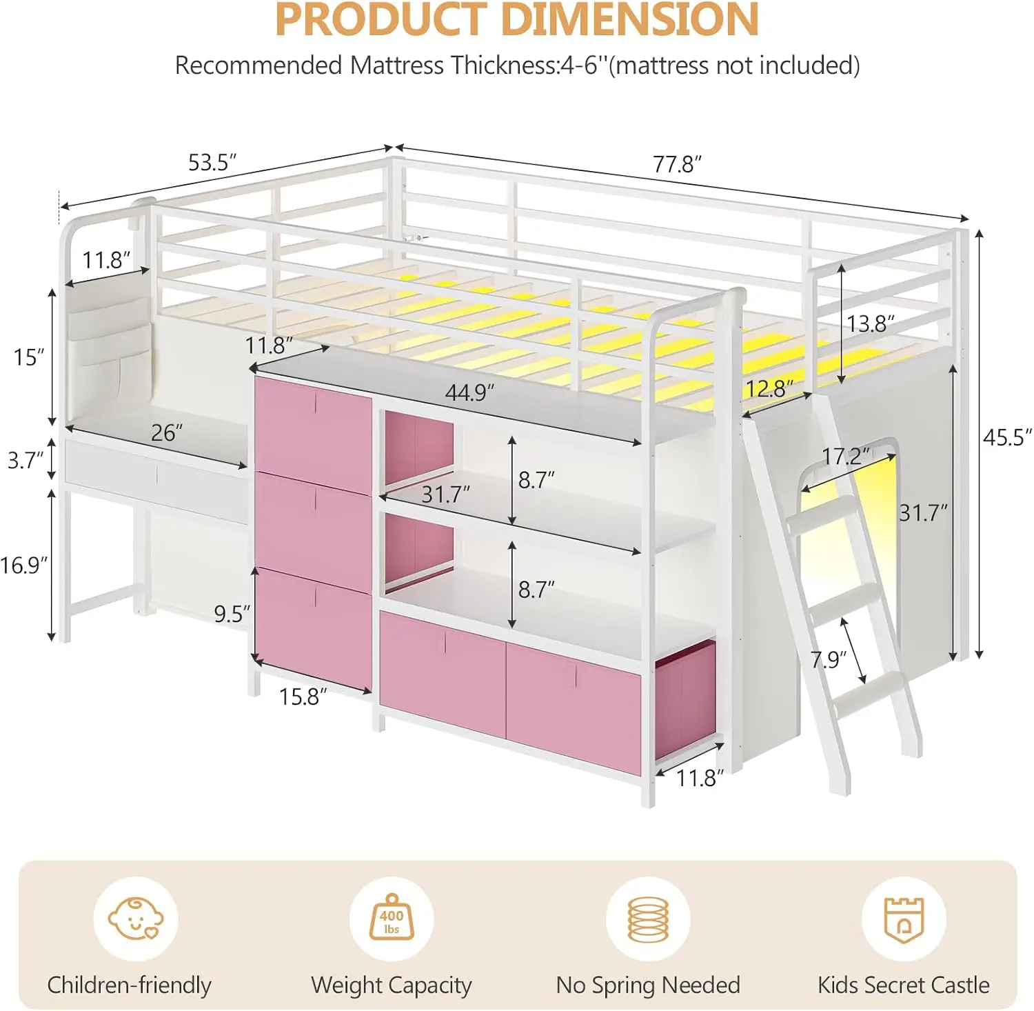 Twin Loft Bed Desk 6 Storage Drawers Bookshelf Led Lights Under Bed Play Space Kids 138H Safety Guardrail Inclined Ladder Play C