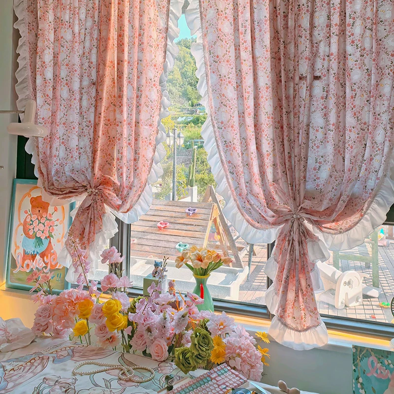 

Retro Rabbit Pattern Door Curtains for Living Room American Rural Style Cotton Curtains for Kitchen Ruffled Lace Curtains #A685