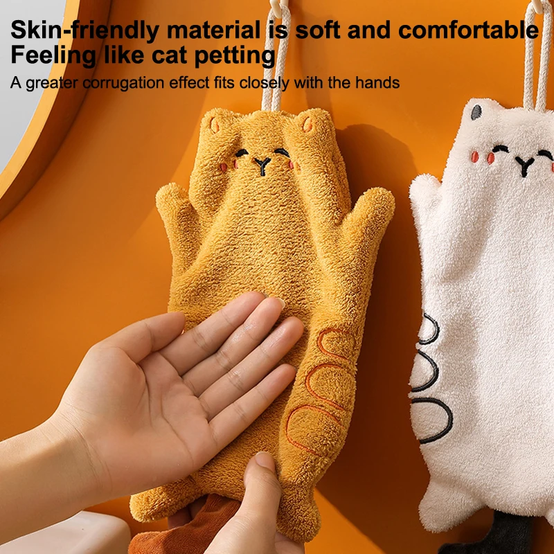 {MX} Cute Cat Coral Fleece Hand Towel Absorbent Quickly Dry Kitchen Wipe Dishwashing Cloth Bathroom Hanging Towels