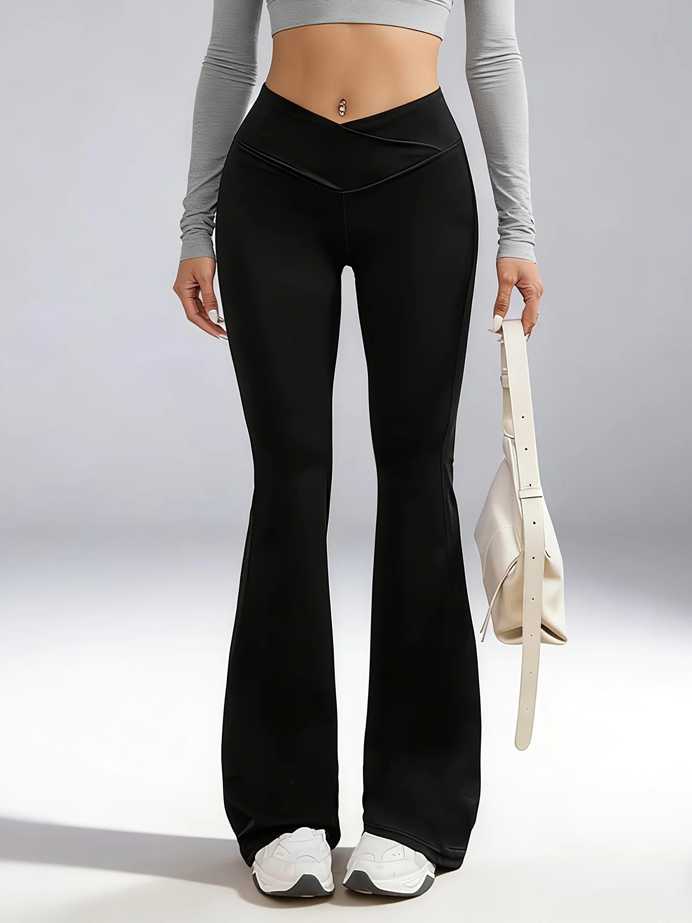スリムVカットハイウエストフレアレギンス ソフトストレッチお腹コントロールヨガパンツ ジム＆普段着カジュアルパンツ スウェットパンツ