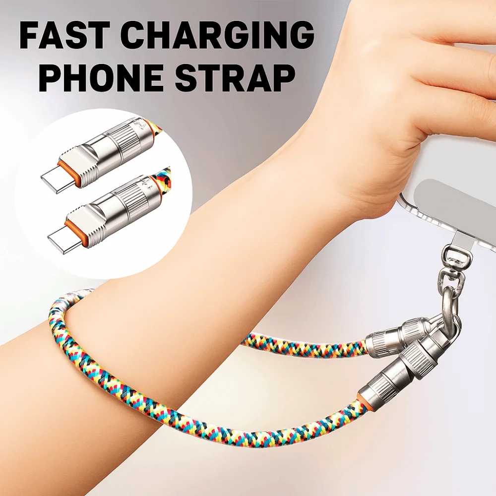 Type C Data Cable Mobile Phone Lanyard 2 in 1 Anti-lost Fast Charging Phone Strap with Patch Braided Phone Hanging Rope