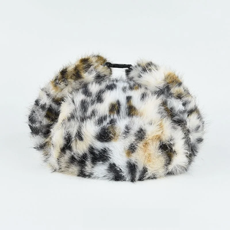 Unisex Faux Rabbit Fur Leopard Trapper Bomber Hat Ear Flaps Chin Strap Thick Warm Cold-proof Winter Adjustable Buckle Snow Hat