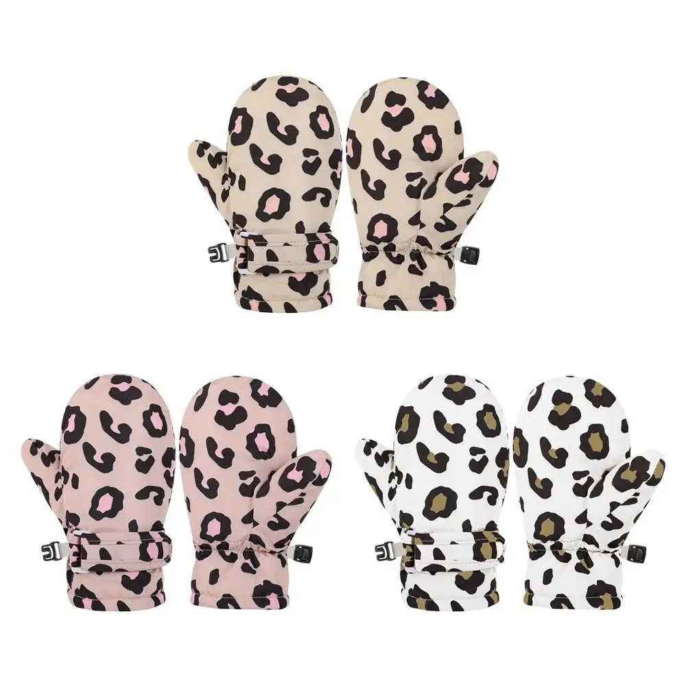 Cute Waterproof Children Skiing Gloves Windproof Warm Winter Warm Gloves Leopard Print Mittens for Girls Boys