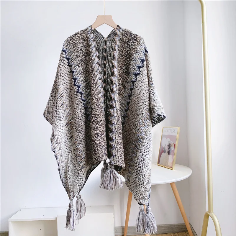 Vintage Harajuku Knitted Blanket Shawls Scarfs Women\'s Warm Shawl Wraps Fringe Cape Winter Cardigan Sweaters Open Front Ponchos