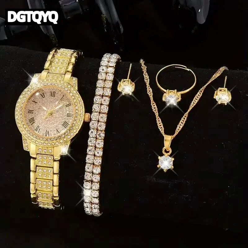 6PCS Women Watch Luxury Elegant Alloy Watch Crystal Wristwatch For Ladies Gift Quartz Watch Alloy Rhinestone Bracelet Montre