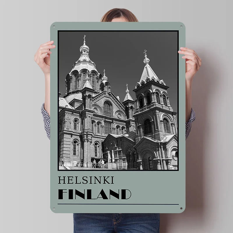 Helsinki Finland Black and White Travel Poster Customized Vintage Metal Signs Wall Art Retro Tin Plaque for Bedroom Decorations