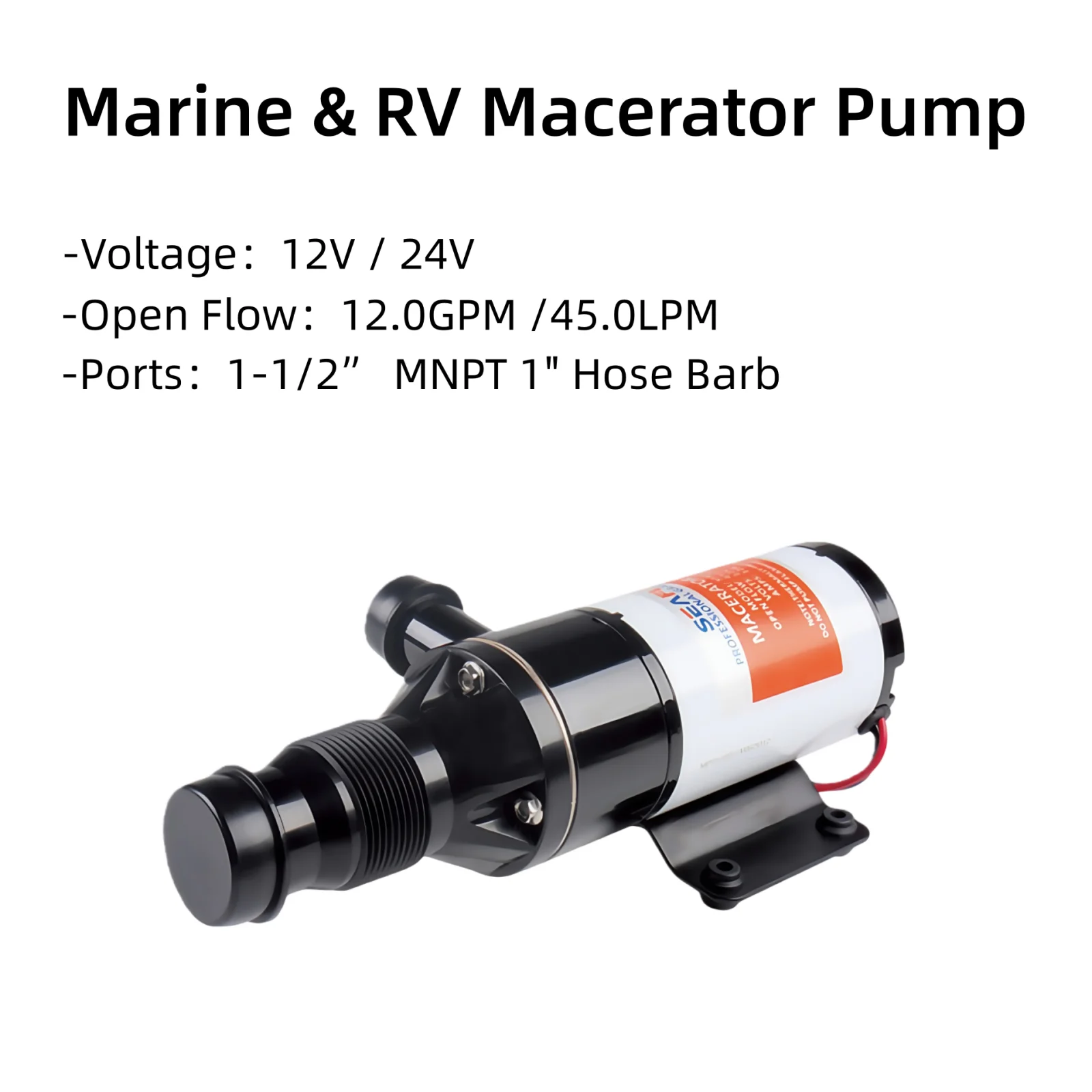

SEAFLO 12V/24V 12 GPM Macerator Waste Water Pump 01Series Anti-Clog Feature for RV Boat Marine Trailer Toilet Sewer