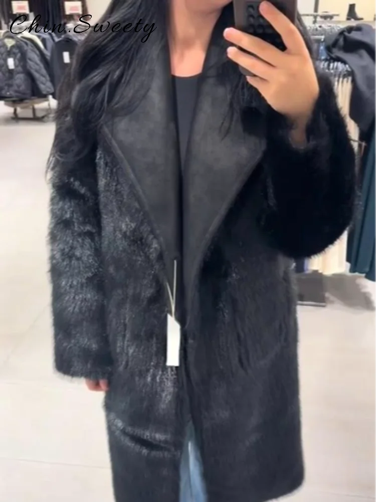 

Warm Women's Reversible Faux Fur Long Coats Loose Lapel Full Sleeve One Button Pockets Coat 2025 Autumn Winter Lady Chic Outwear