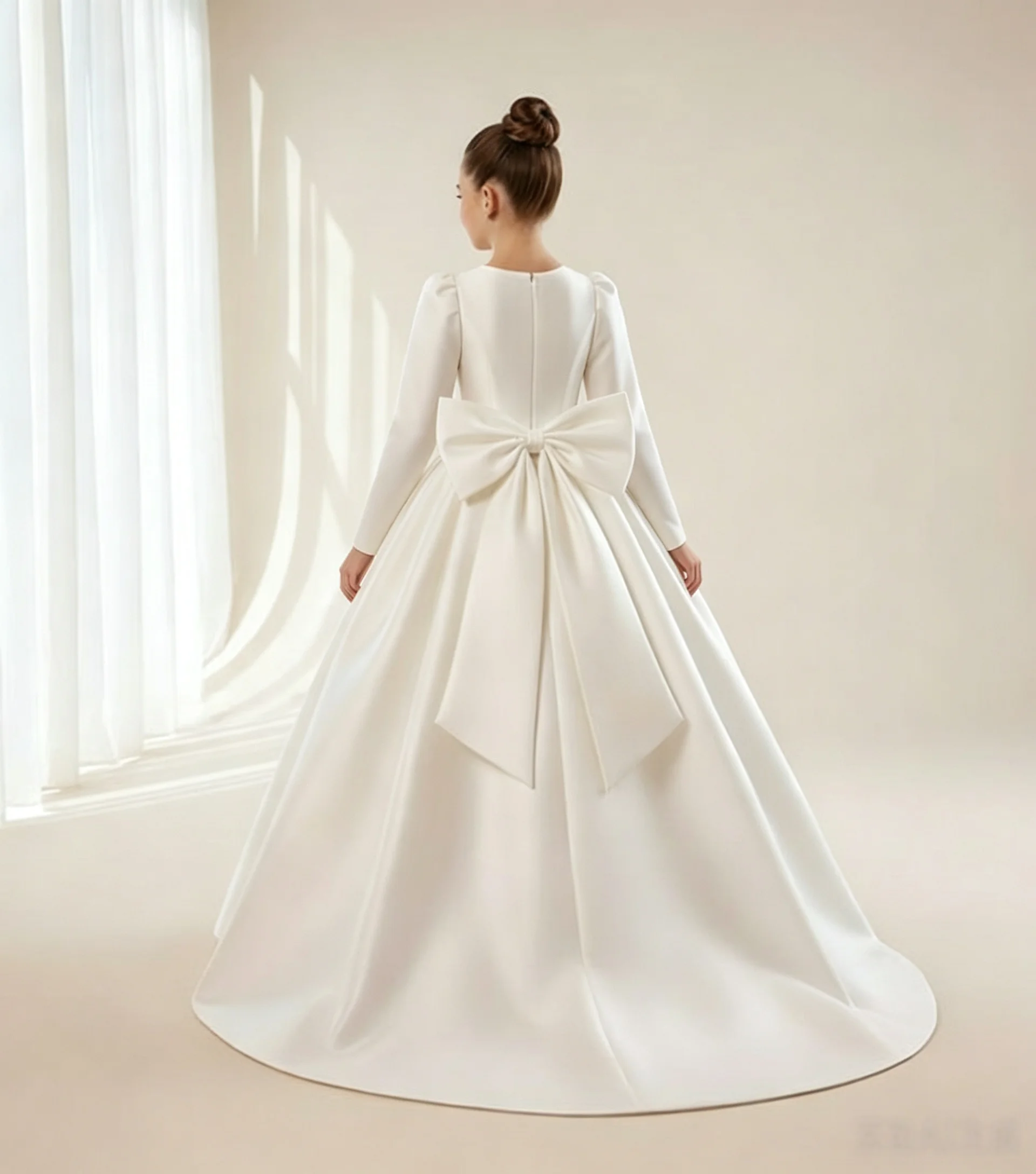 Girls Satin First Communion Dress 2026 Elegant Round Neck Slim Fit Drape A-Line Puffy Princess Dress Formal Wedding Flower Girl