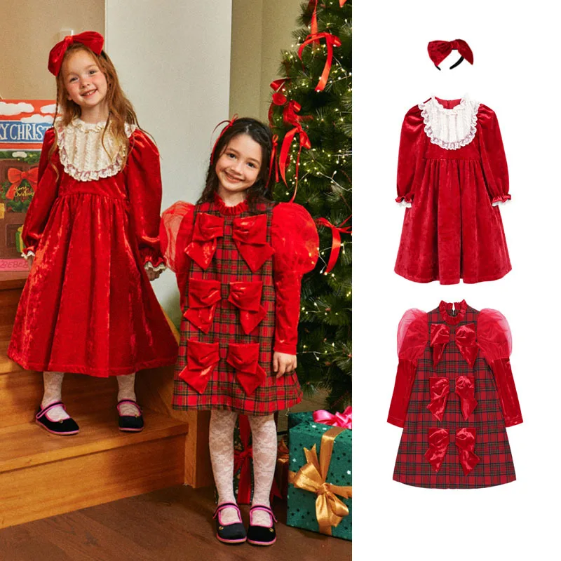 

BEBEBEBE 2023 autumn and winter new girls' red velvet lace dress Christmas red Princess Lolita dress