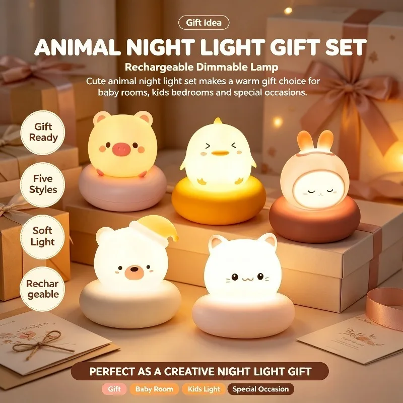 Dimmable Animal Rechargeable LED Night Light Cute Soft Glow for Baby Nursery Bedroom Sleep Decor Nursery Decor Kids Gift