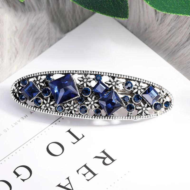 EASYA New Design Blue Rhinestone Hair Barrettes For Women Vintage Crystal Bowknot Flower Hair Accessories Headwear Hair Clips