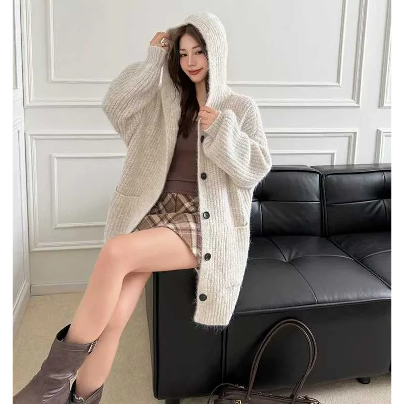 المرأة سترة البلوزات معاطف مقنعين منتصف طول معطف جاكيتات لاعبا Y2k الشارع الشهير أنيقة متماسكة عادية فضفاض الخريف الشتاء #4