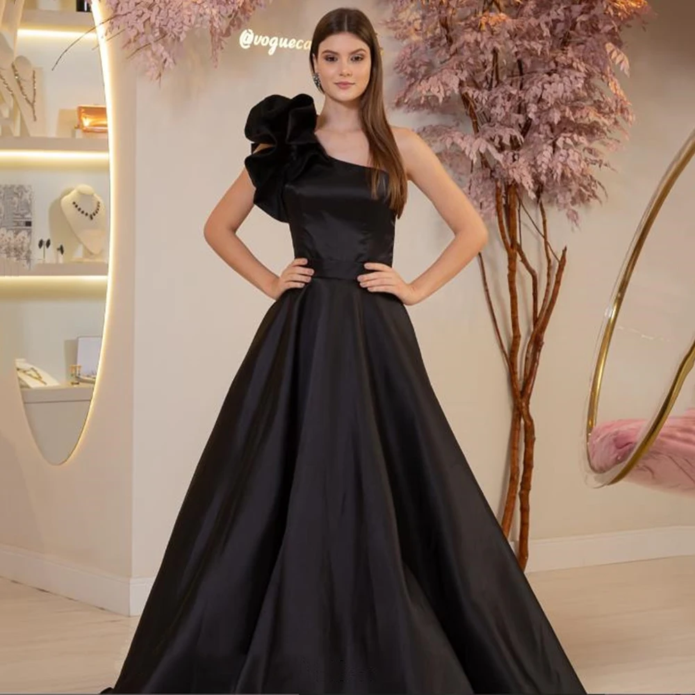 

Customized Black Satin One-Shoulder Flower A-line Evening Dresses Draped Flower Floor Length Sleeveless Formal Pageant Gowns