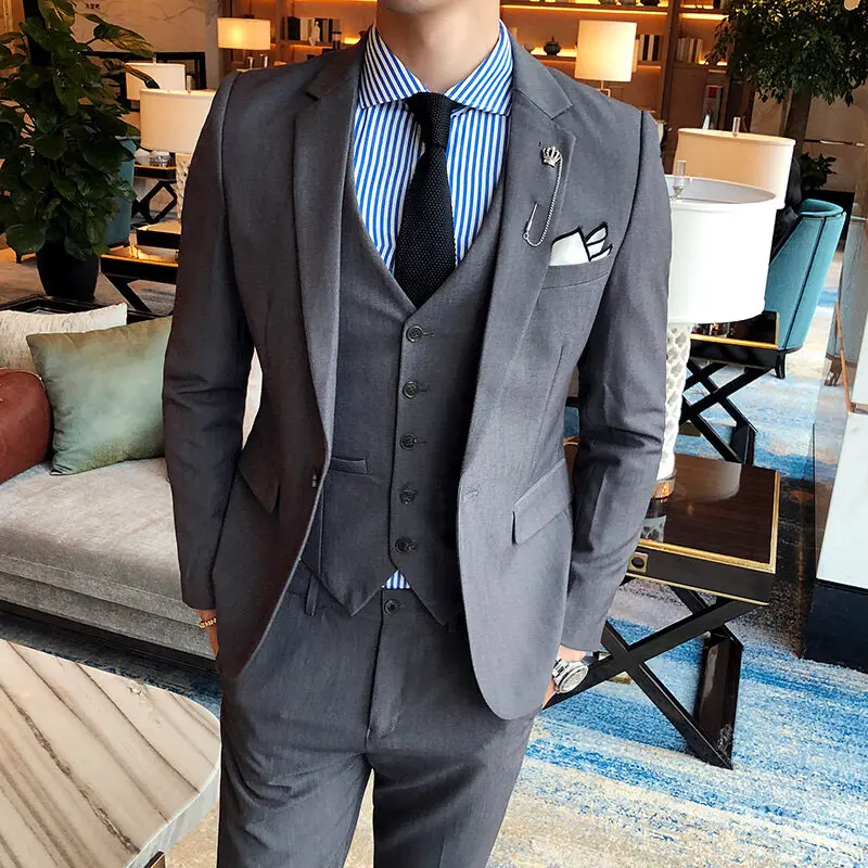 

Boutique men's business casual suit suit, summer thin section solid color suit dress three-piece suit