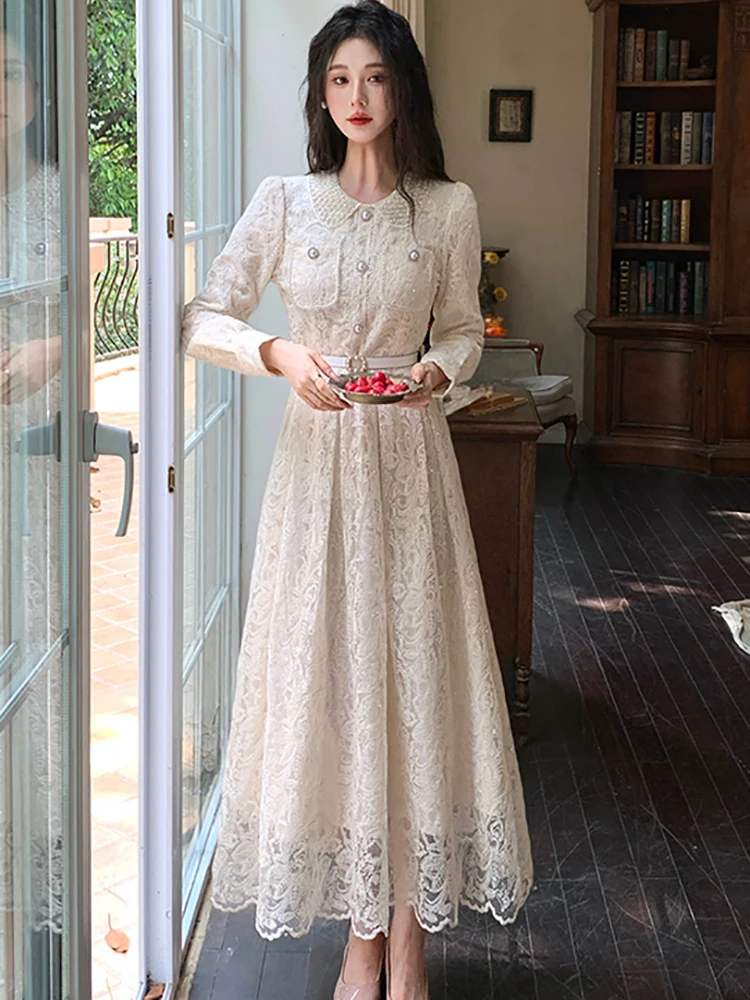 Vestido internacional de encaje Jacquard para mujer, ropa de fiesta ajustada de manga larga para otoño, vestido de fiesta de Festival de lujo coreano 2025