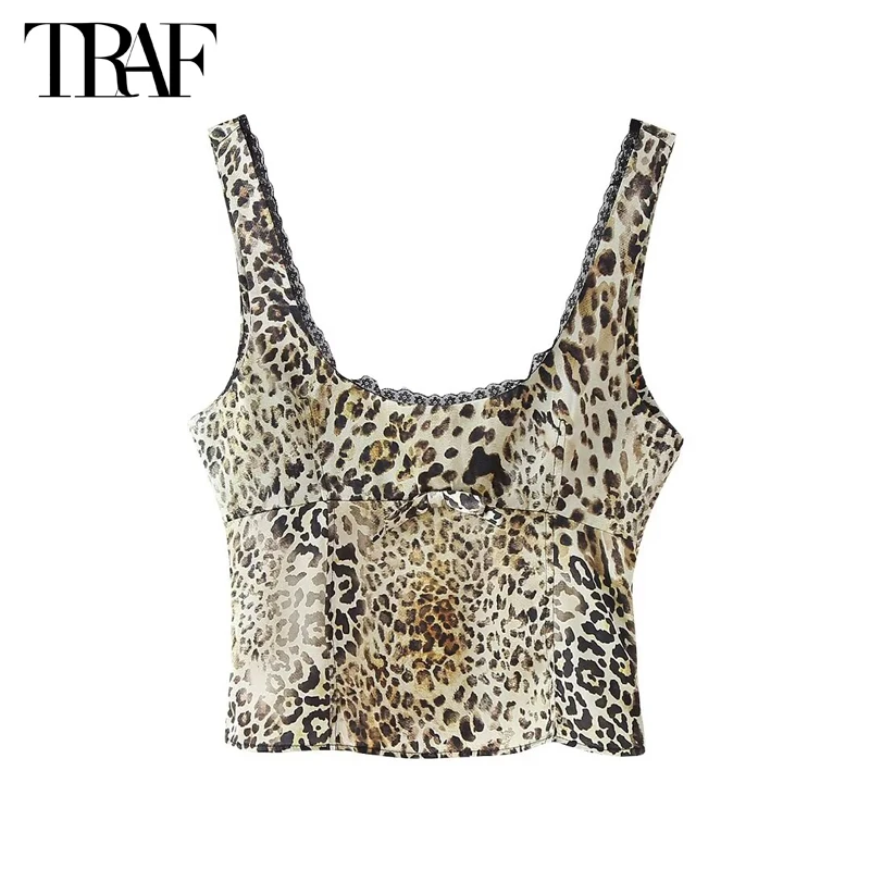 

TRAF Leopard Print Crop Top Women Straps Backless Tank Tops for Women Summer 2024 Beach Top Female Fashion Bustier Top Woman