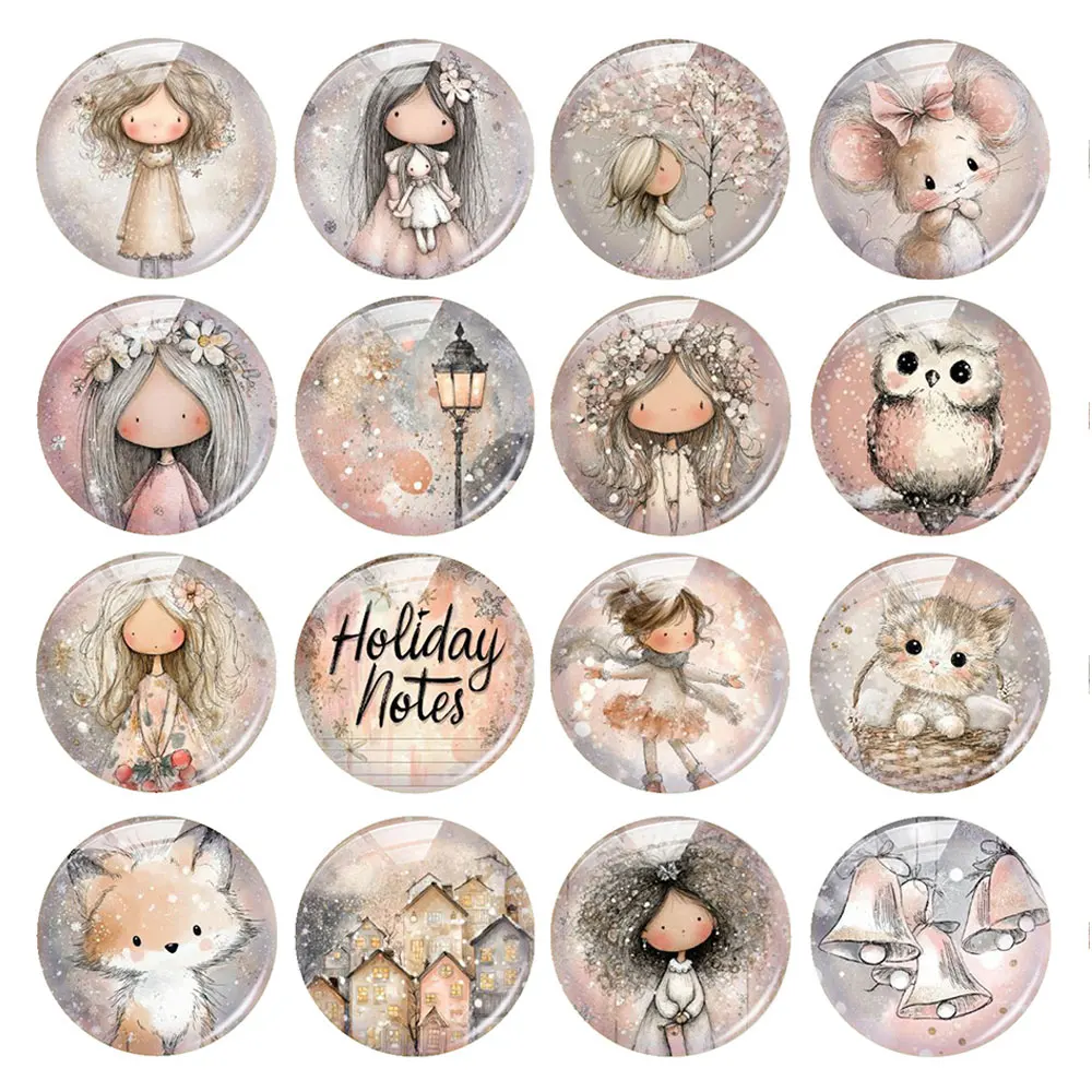 Random Mixed Round/Oval/Square Pink Christmas Child Fox Cat Owl Photo Glass Cabochon Flatback Demo Cameo For Diy Jewelry Making