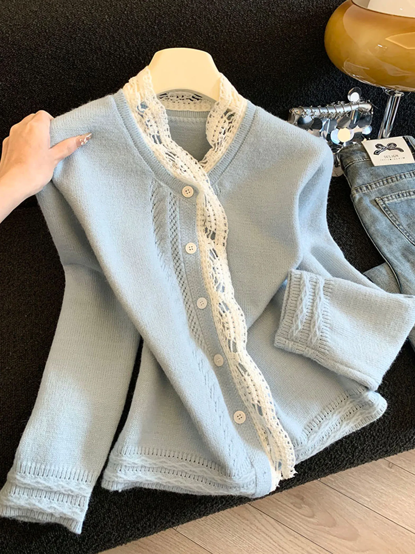 

Emily Clud Recommended Lace Trim Hollow out Long Sve Knitted Open Cardigan Women's Spring Autumn Warmth Bearing Knitwear