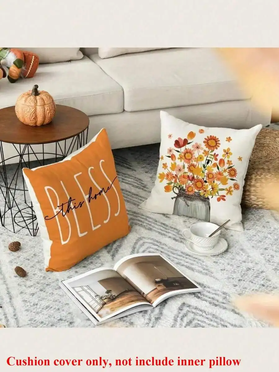4pcs Orange Floral Pattern Cushion Covers, Single-Sided Printing, Square Pillow Covers For Living Room Sofa Bedroom, Suitable