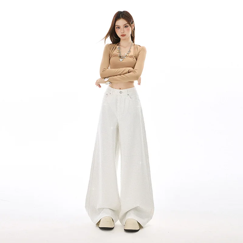 

Джинсы Mantianxing Heavy Industry с бриллиантовой отделкой для женщин, весенняя коллекция 2026 года, универсальные, стройнящие, с широкими штанинами