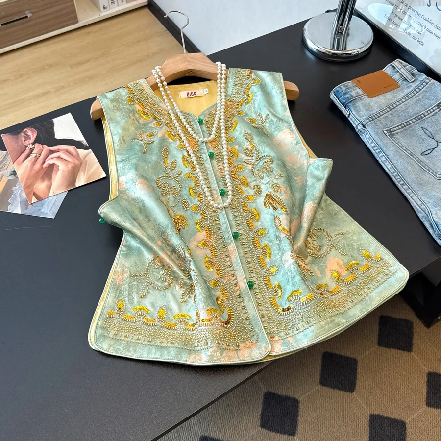 Handmade Chinese Style Green Vest Top with Gold Diamond Embellished Button Stand Collar Improved Traditional Design Outerwear