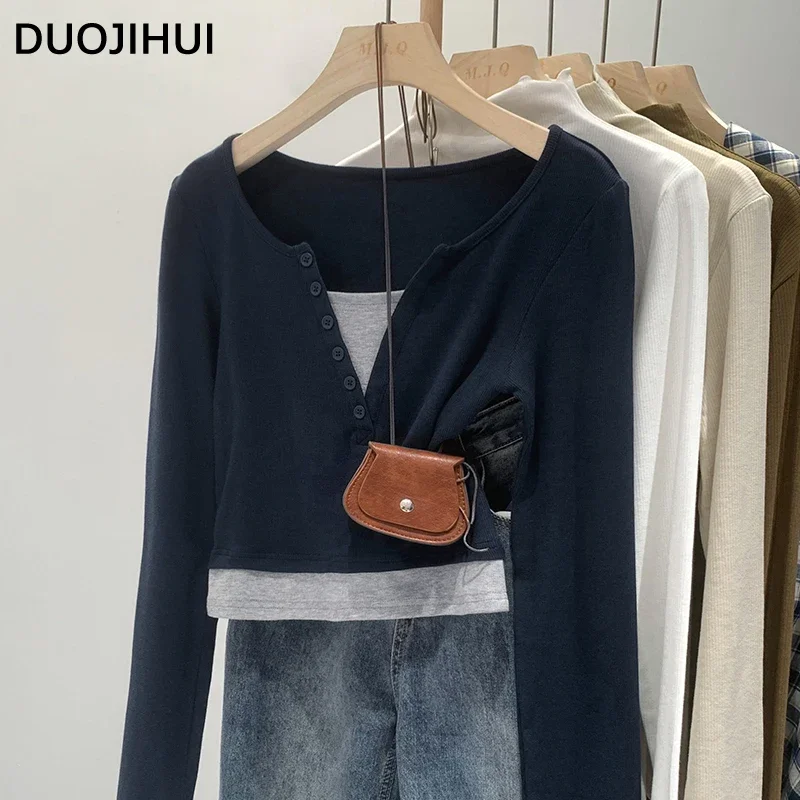 DUOJIHUI Fake Two Piece Chic V-neck Sexy Female T-shirts Autumn New Casual Simple Fashion Spell Color Basic S-XL Women T-shirts