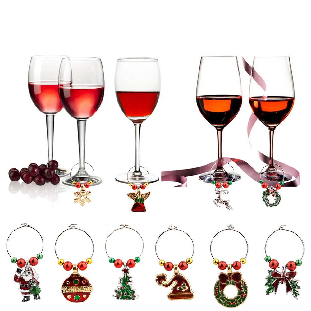 12 Pcs Christmas Glass Charms Marker Zinc Alloy Rings Pendant Identifier Cup