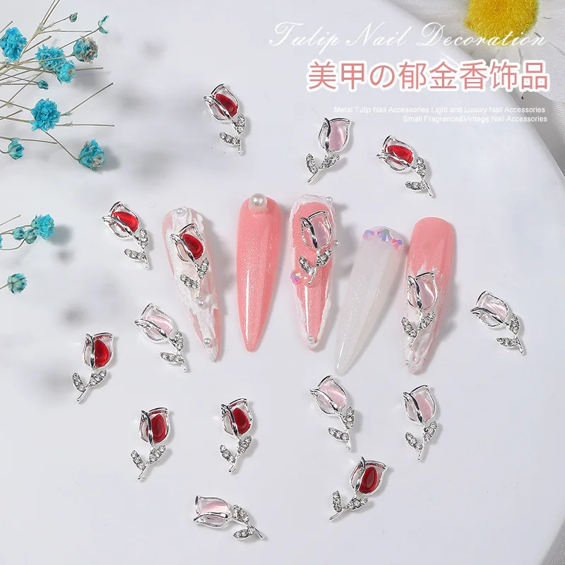 10PCS 3D Luxury Alloy Tulip Nail Art Rhinestone Flower Charm Parts For DIY Nails Decoration Manicure Decor Material Supplies 2