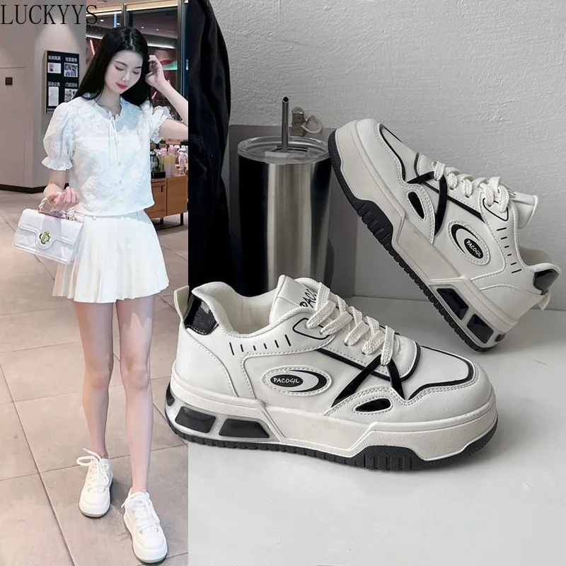 Sneakers Platform wanita sepatu olahraga lari luar ruangan nyaman Skateboard bertali desain bintang Sneakers Jogging tenis