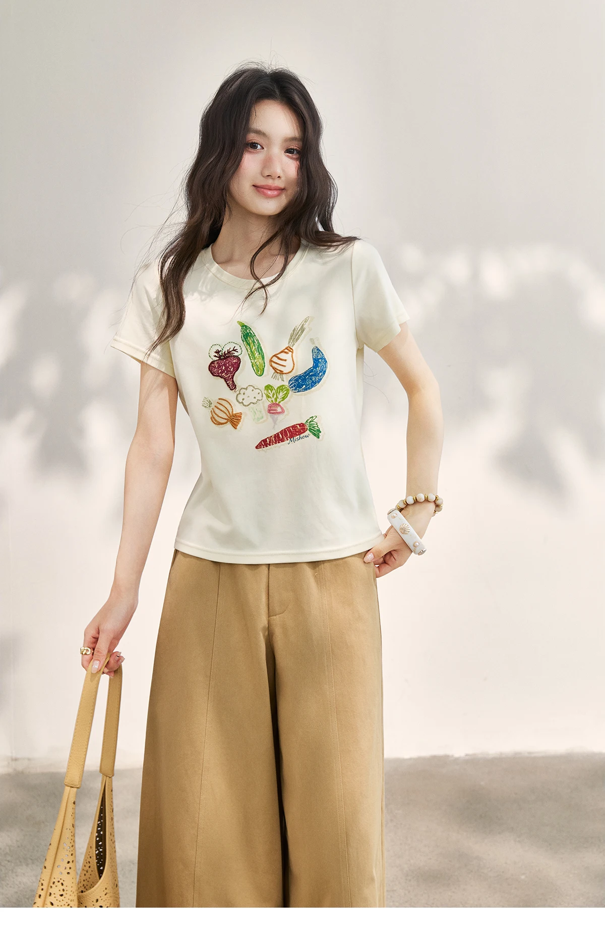 MISHOW Khaki High Waisted Wide Leg Cropped Pants For Women 2026 Summer Lace Trimmed Hem Retro Casual Loose Pants MXF24K1294