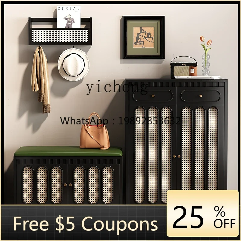 

ABB French retro rattan solid wood shoe cabinet large capacity black locker shoe cabinet at home door