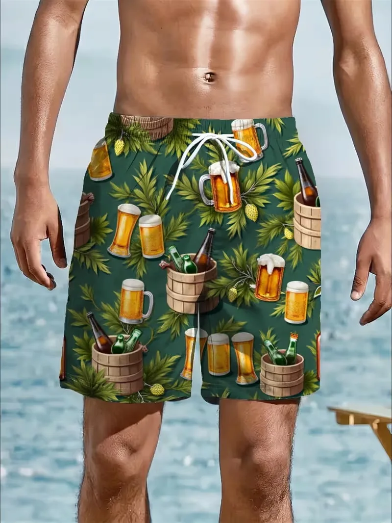 

Men's Beer Print Beach Shorts Tropical Beer Mug & Bucket Graphic Quick Dry Swim Trunks Summer Vacation Surfing Shorts