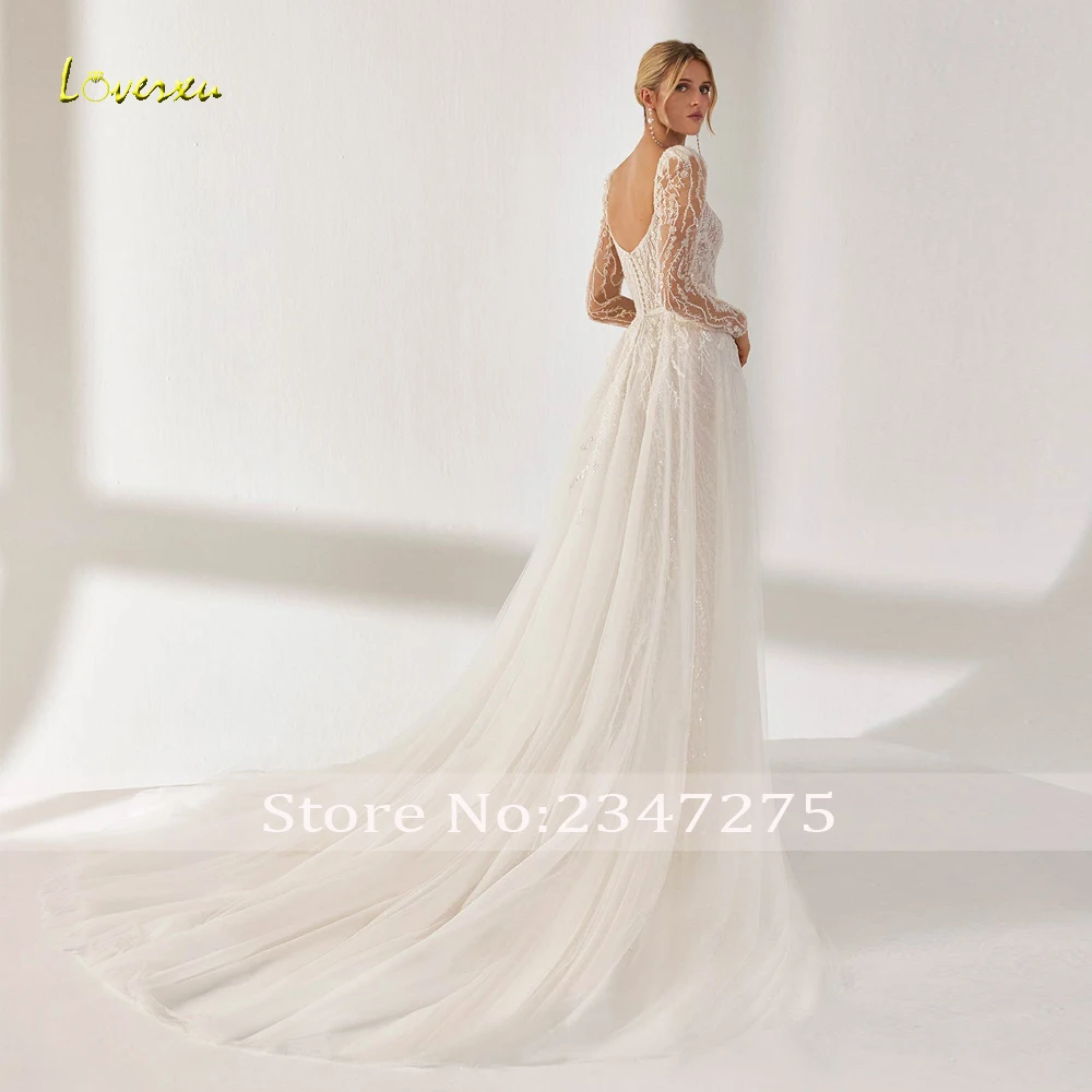 Loverxu Mermaid Sexy Wedding Dresses Scalloped Long Sleeve Vestido De Novia Embroidery Detachable Train Custom Made Bridal Gown