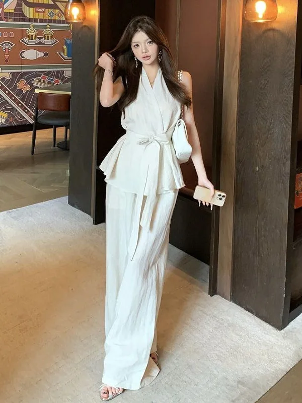 

Женский топ-бот с модным узлом на талии, летние повседневные широкие брюки, костюм из двух предметов