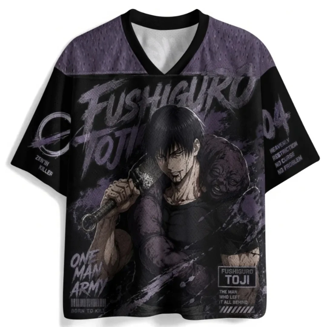 Curse Battle Fushiguro Toji Purple Black V-neck Breathable Mesh Anime Character Printed Street Style Casual Loose Top