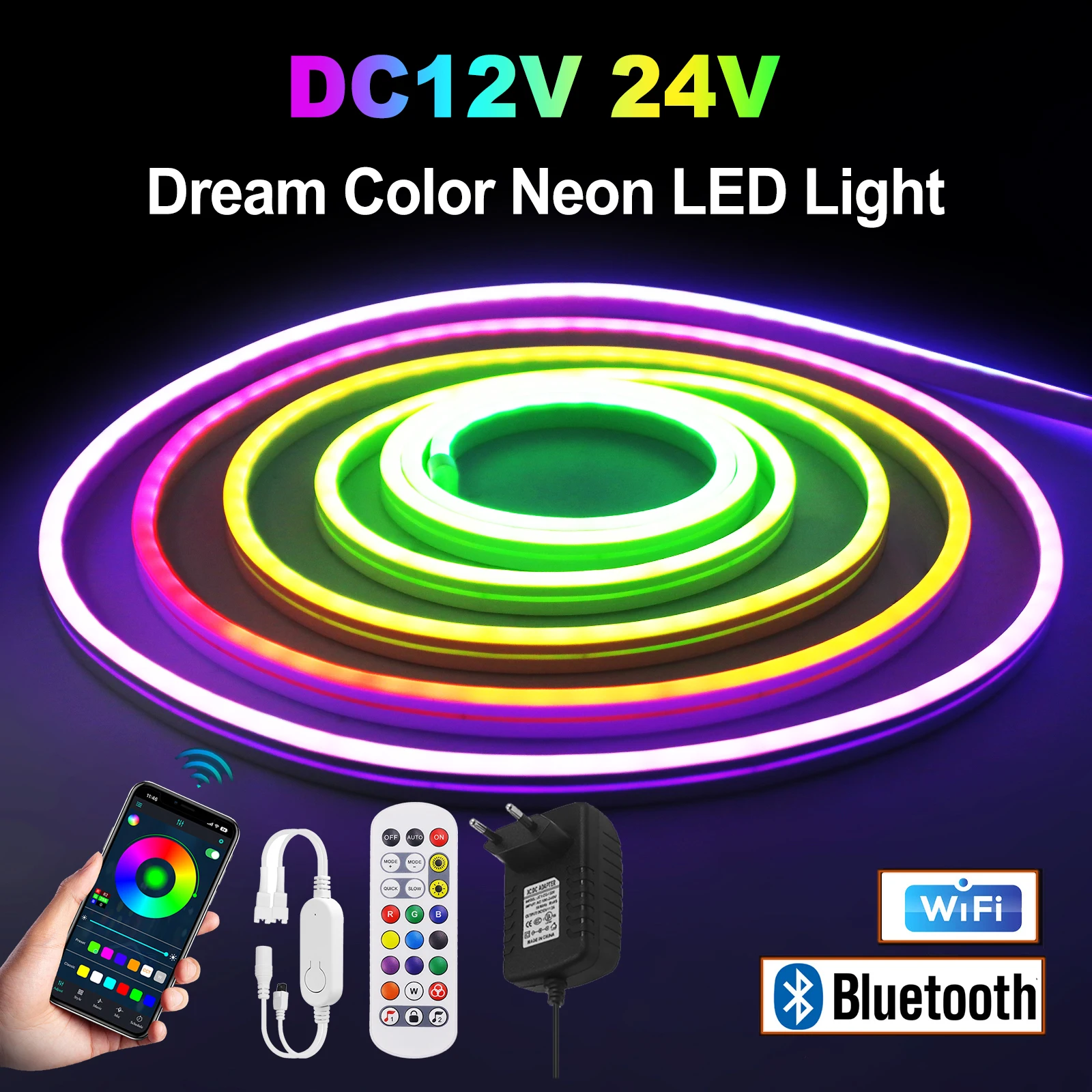 

12V 24V WiFi Bluetooth APP Dream Color WS2811 RGBIC Neon Strip Light Waterproof Home Decor Flexible Ribbon Tape Rope LED Strip