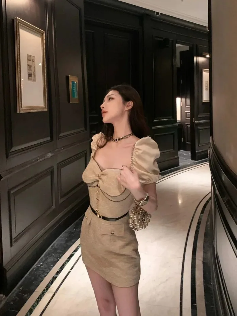 Temperament Celebrity Splice Bubble Sleeve Wrap Hip Dress Women Collarbone Contrast Color Sweet Slim Summer Gentle Chic Wear New