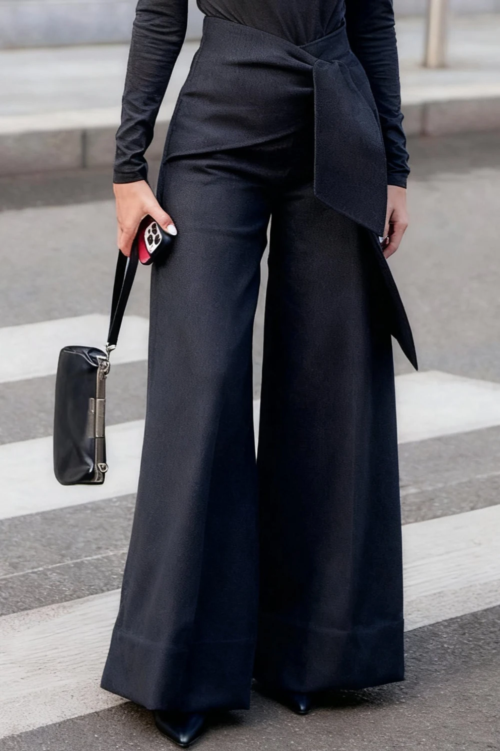 

Plus Size Business Casual Black Pocket Wrap Wide Leg Casual Pants