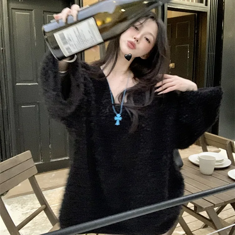 Ultra-Thi Übergroßer Lazy Sle Baby Samt Eepskin Hoodie Damen Long Sve V-Ne Korean Sle Pendeln Normale Länge