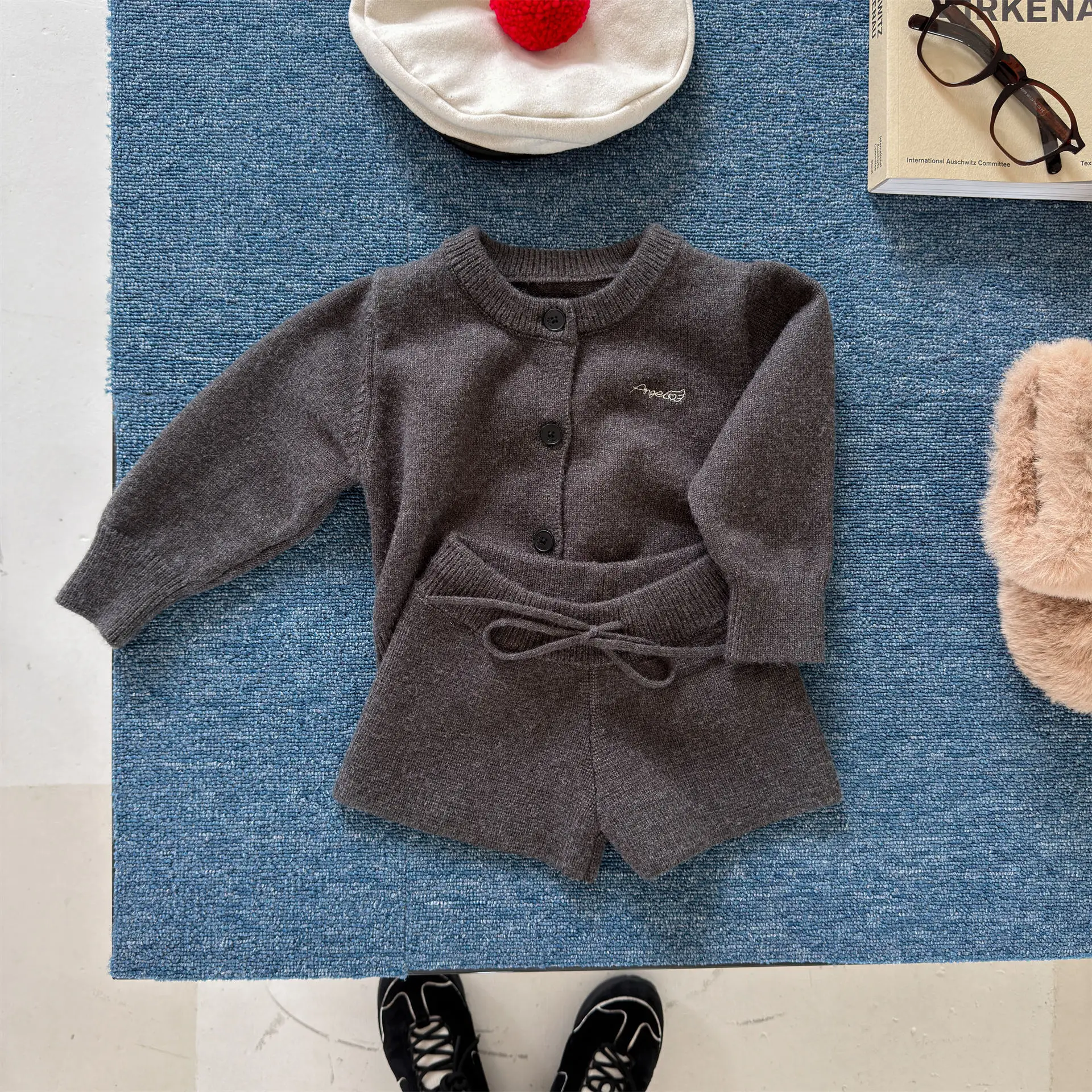 2026 Autumn New Children Long Sleeve Sweater Set Fashion Girls Knit Cardigan + Shorts 2pcs Suit Kids Knitwear Toddler Outfits